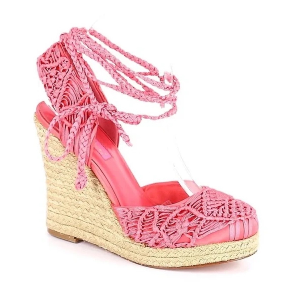 Betsey Johnson Coral Pink Sz 8 1/2 Macrame Braided Tie Espadrille 5” Wedge Heels